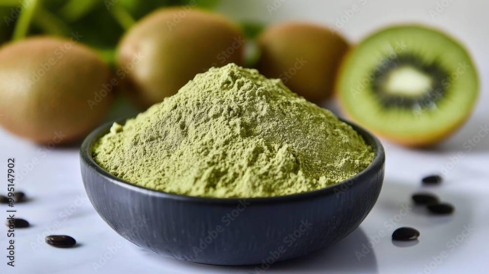 “Bright green, finely ground dehydrated kiwi powder in a bowl, showing its smooth texture and tangy-sweet flavor, perfect for smoothies, desserts, and baking.”