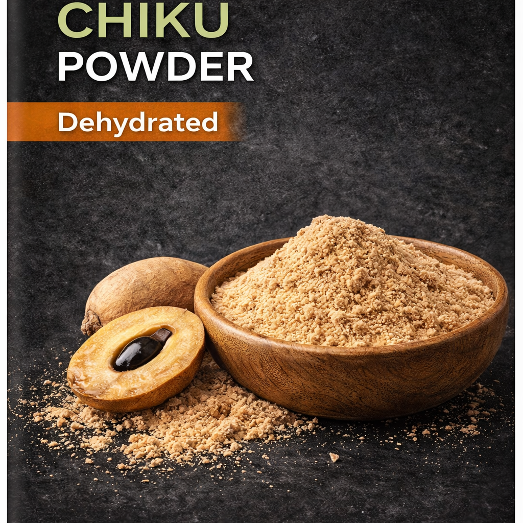 Light brown, finely ground dehydrated chikoo (sapodilla) powder in a bowl, showing its smooth texture and natural caramel-like sweetness, perfect for smoothies, desserts, and baking.”