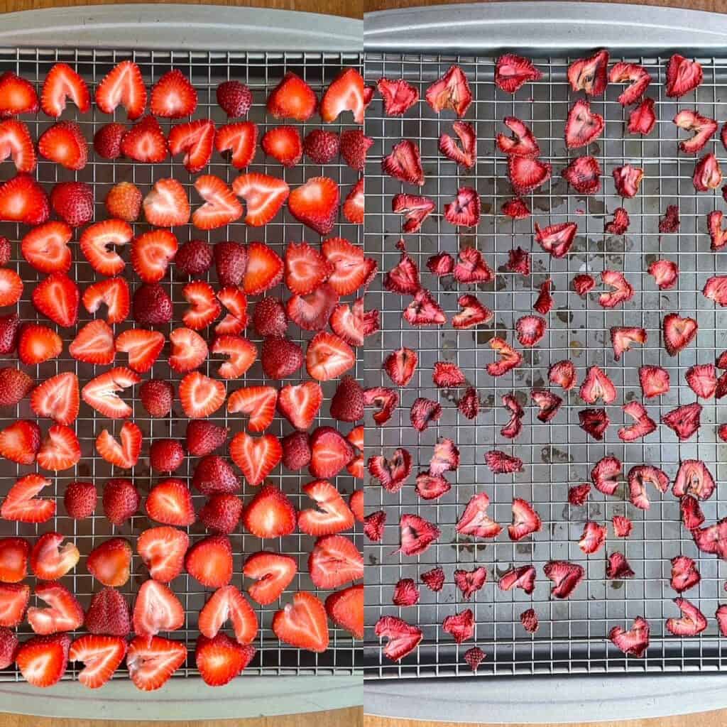 “Crispy, thin red strawberry slices that have been dehydrated, showing a crunchy texture and concentrated natural sweetness, perfect as a healthy snack or dessert topping.”