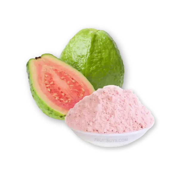 “Light pink, finely ground dehydrated guava powder in a bowl, showing its smooth texture and sweet-tangy flavor, ideal for smoothies, desserts, and baking.”