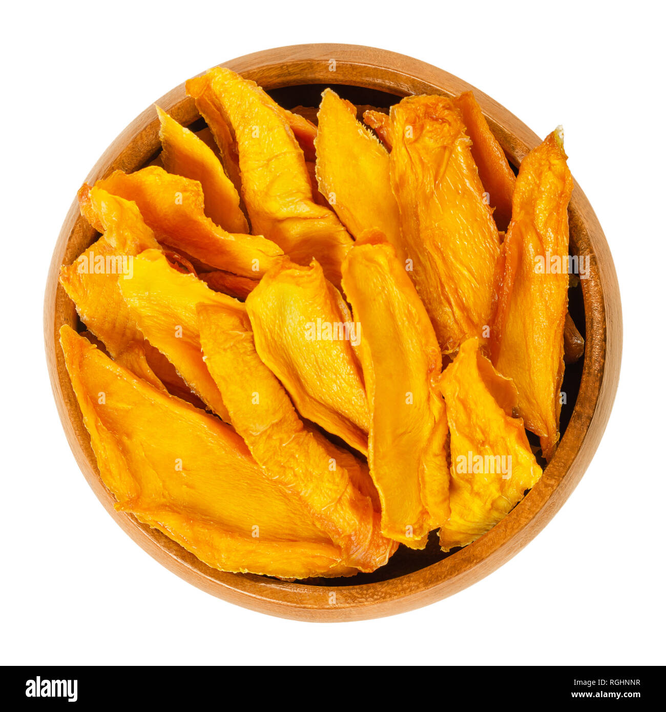 “Thin, orange-yellow dehydrated mango slices with a chewy texture, arranged neatly, showing preserved sweet and tangy fruit flavor.”