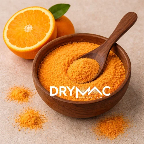 Bright orange, finely ground dehydrated orange powder in a bowl, showing its smooth texture and tangy citrus flavor, perfect for smoothies, desserts, baked goods, and sauces.”